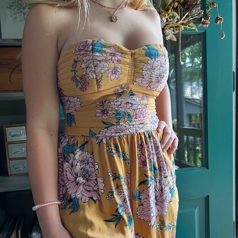 Boho! [band of gypsies] Yellow Pink Teal Floral Strapless Wide Leg Jumpsuit | XS - Picture 9 of 10